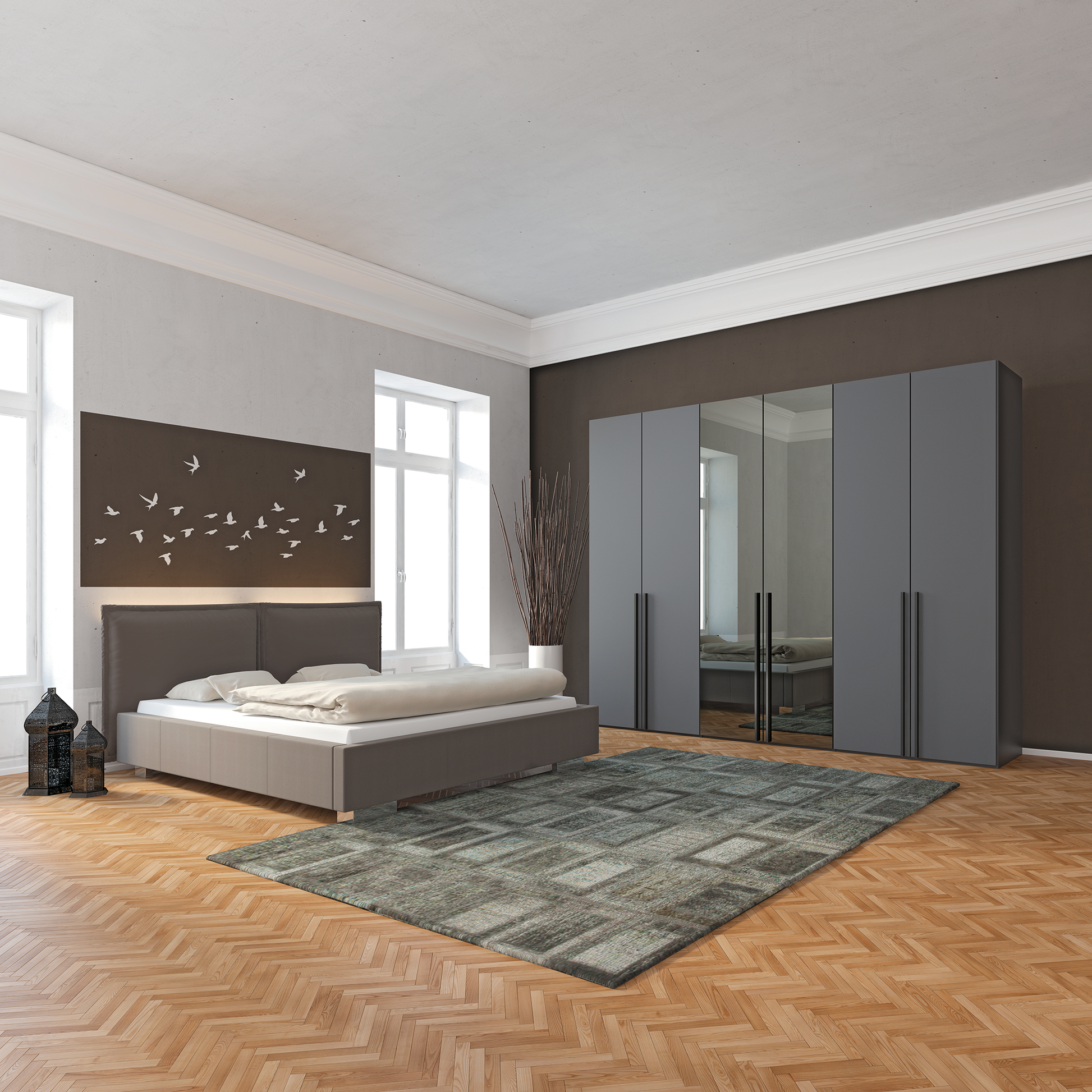 grauer schrank mit spiegelfronten