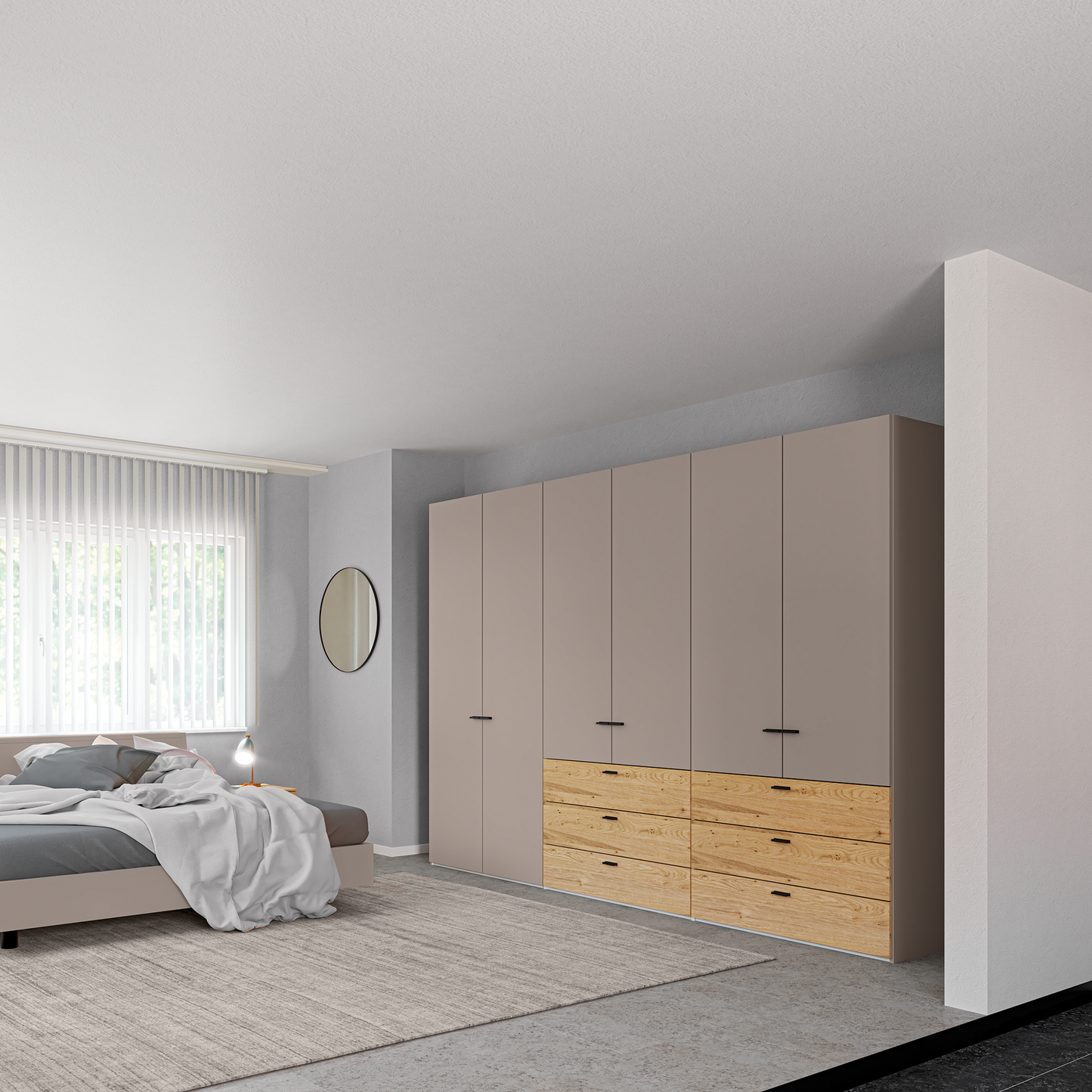 schrank in taupe mit holzschubkästen und lackfronten