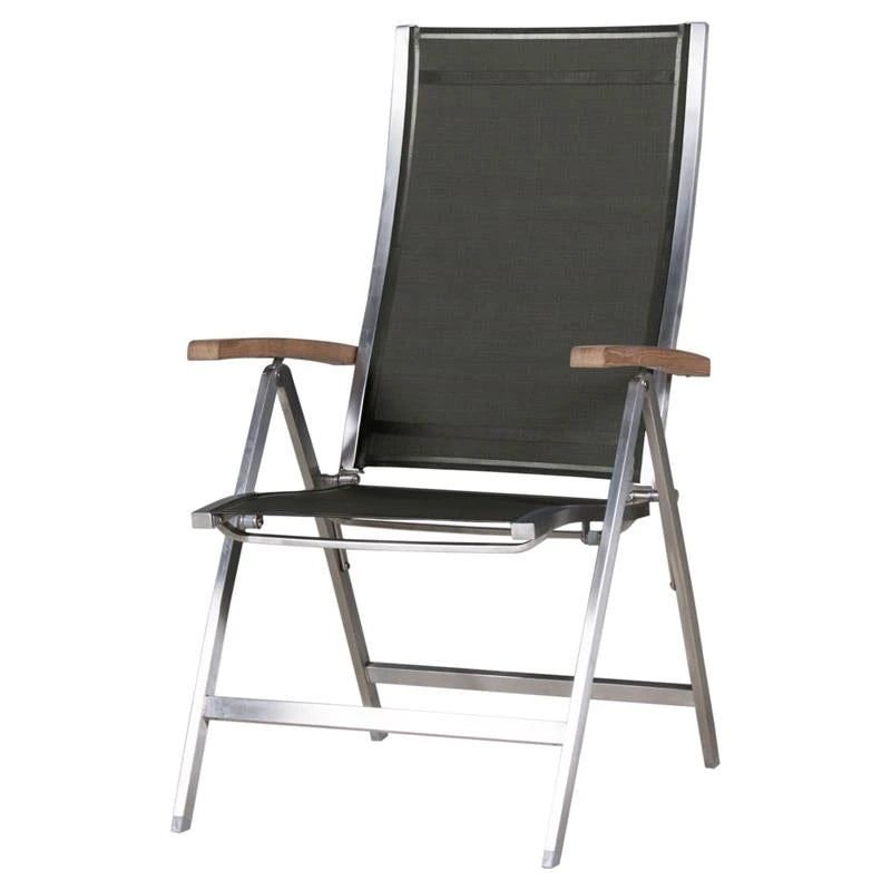 dunkler Klapp-Gartensessel Textil mit Edelstahlgestell und Teakholz Armlehnen