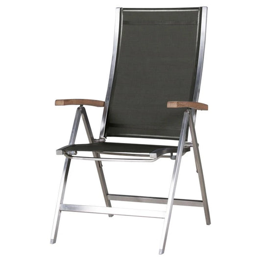 dunkler Klapp-Gartensessel Textil mit Edelstahlgestell und Teakholz Armlehnen
