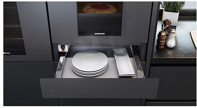 samsung wärmeschublade offen mit geschirr