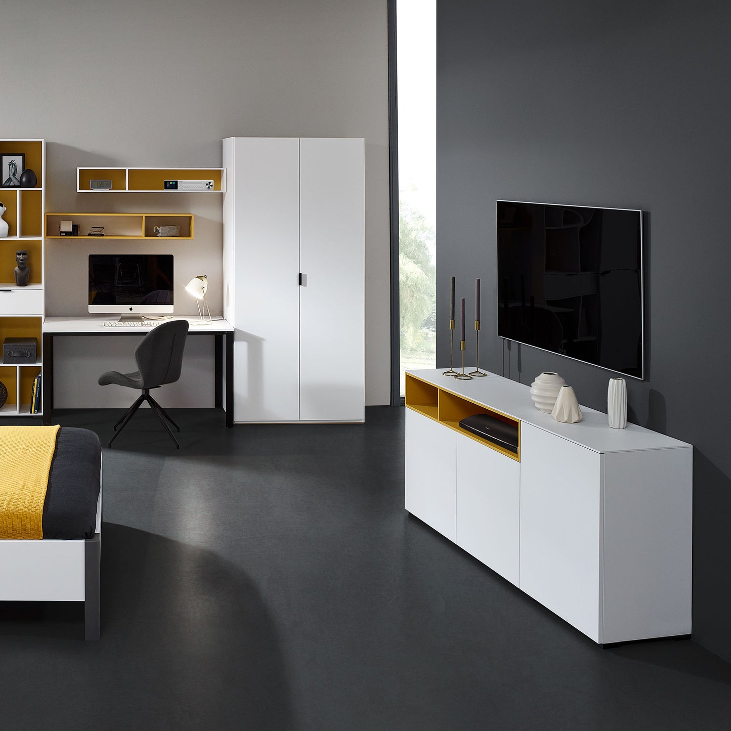 Jugendzimmer mit Sideboard in grau-gelb-weiss