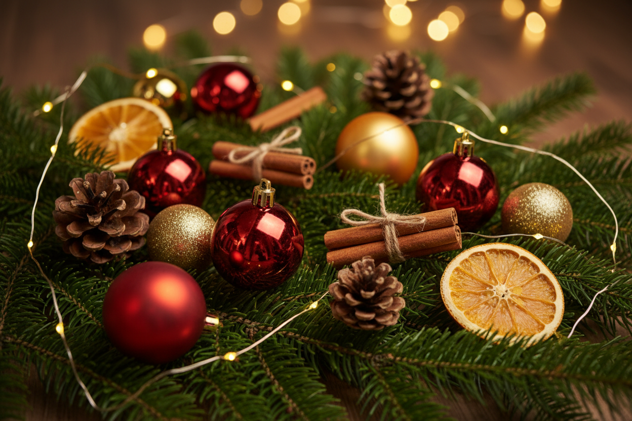 tannenzweige mit weihnachtsdeko