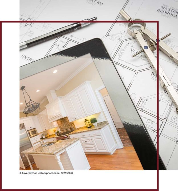 Ein iPad liegt auf der Grundzeichnung eines Hauses, während auf dem iPad eine Küche zu sehen ist. Das Bild stellt die Serviceleistung aufmass da.